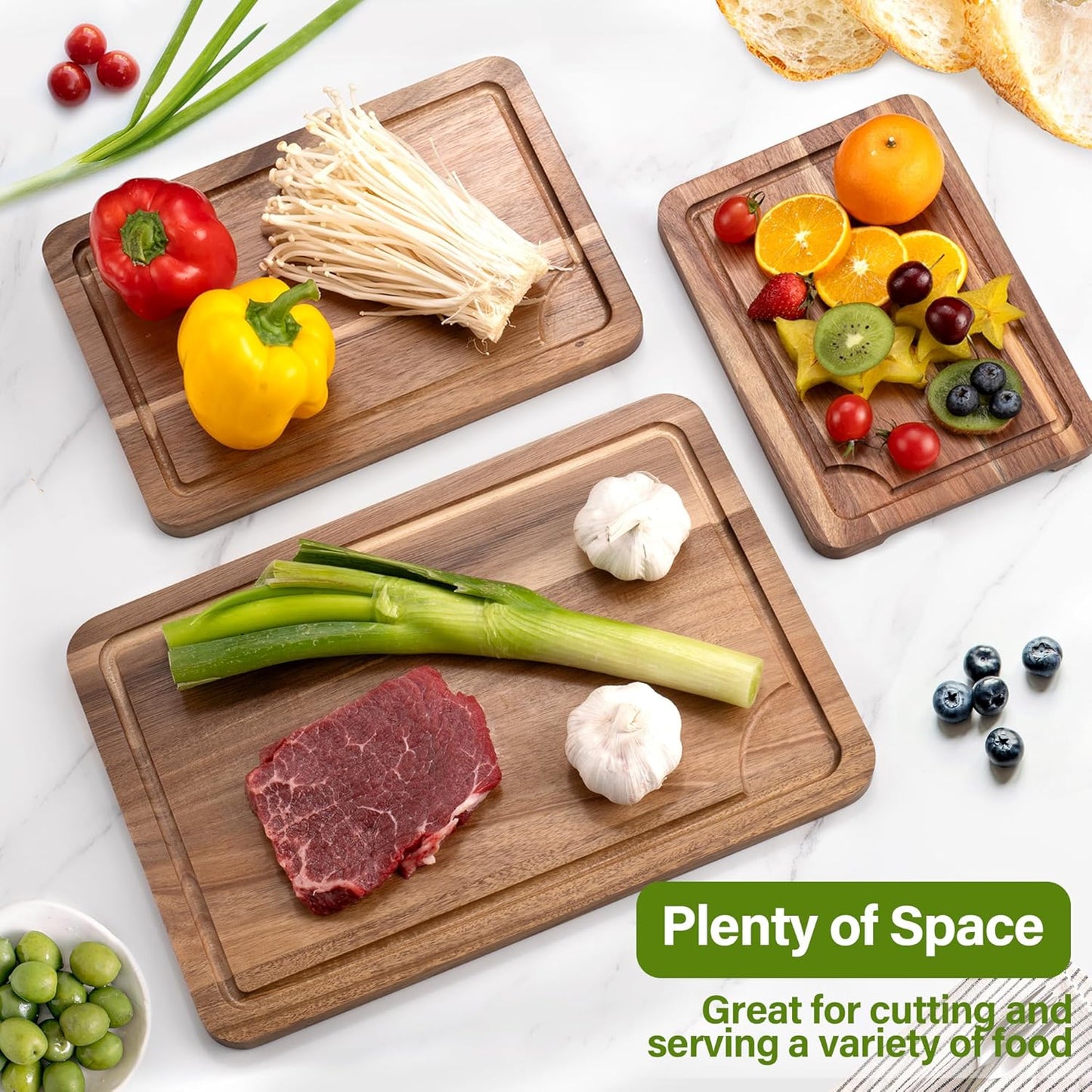 Bamboo Cutting Board Set of 3, Cutting Boards for Kitchen with Juice Groove, Bamboo Chopping Board Set, Serving Board Set for Meat, Fruit Vegetable and Cheese