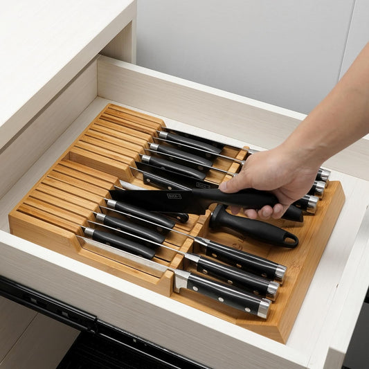 Utoplike in-Drawer Knife Block Bamboo Kitchen Knife Drawer Organizer,Large Handle Steak Knife Holder Without Knives, fit for 16 Knives and 1 Sharpening Steel (16 Knife Organizer) - PuriLite
