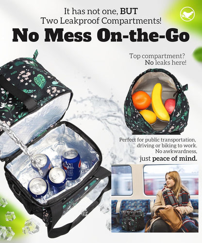 SUNNY BIRD Dual Compartment Lunch Bag Insulated Lunch Box for Women and Men (Green with Boho Strap)