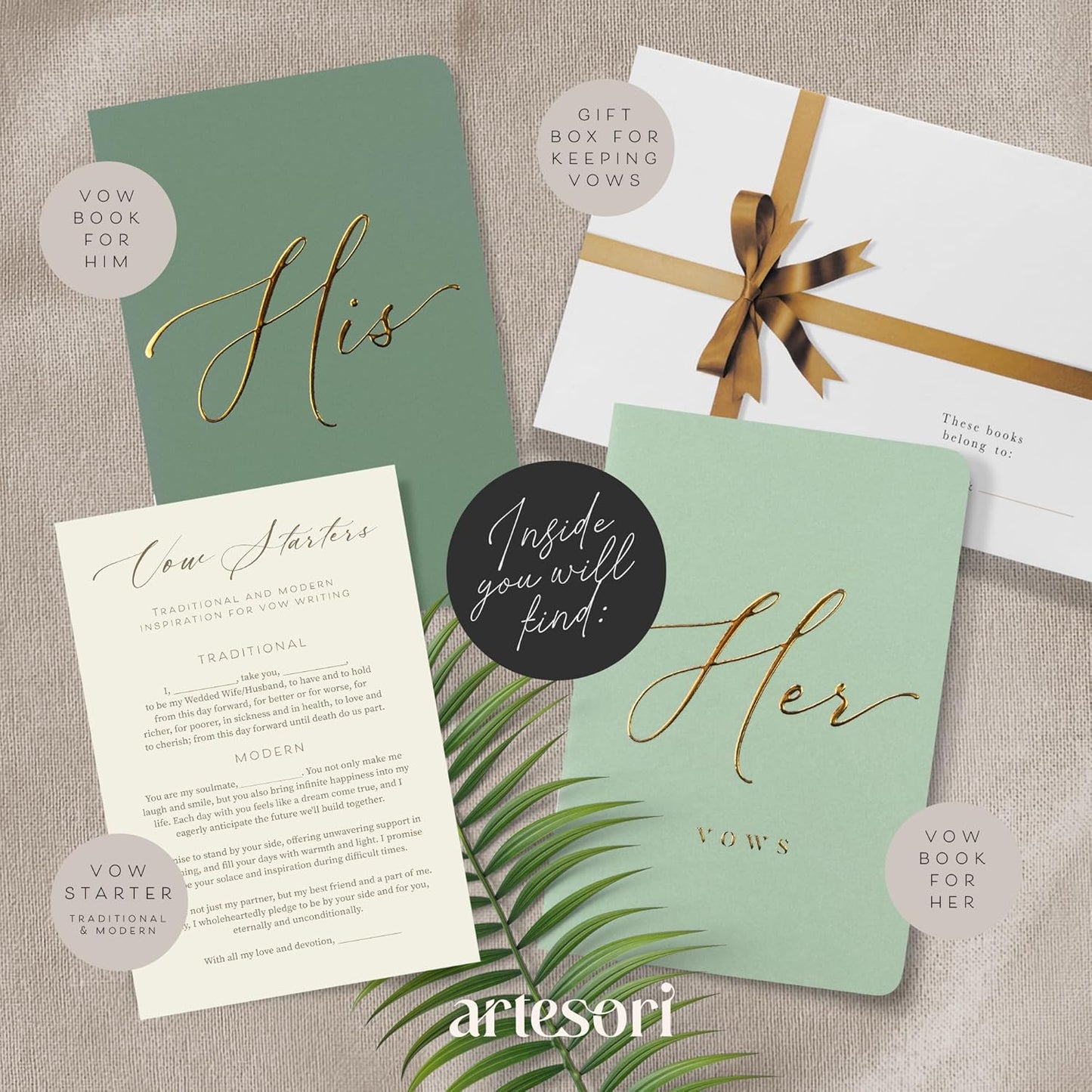 ARTESORI Wedding Vow Book for Her & Him, Soft Touch, Gold Foil Engraving, 28 Lined Pages, Wedding Vow Books His and Hers, Wedding Essentials, Wedding Registry Ideas, His and Hers Gifts [Mint & Sage]