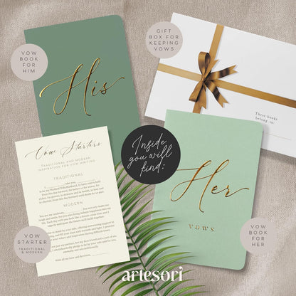 ARTESORI Wedding Vow Book for Her & Him, Soft Touch, Gold Foil Engraving, 28 Lined Pages, Wedding Vow Books His and Hers, Wedding Essentials, Wedding Registry Ideas, His and Hers Gifts [Mint & Sage]