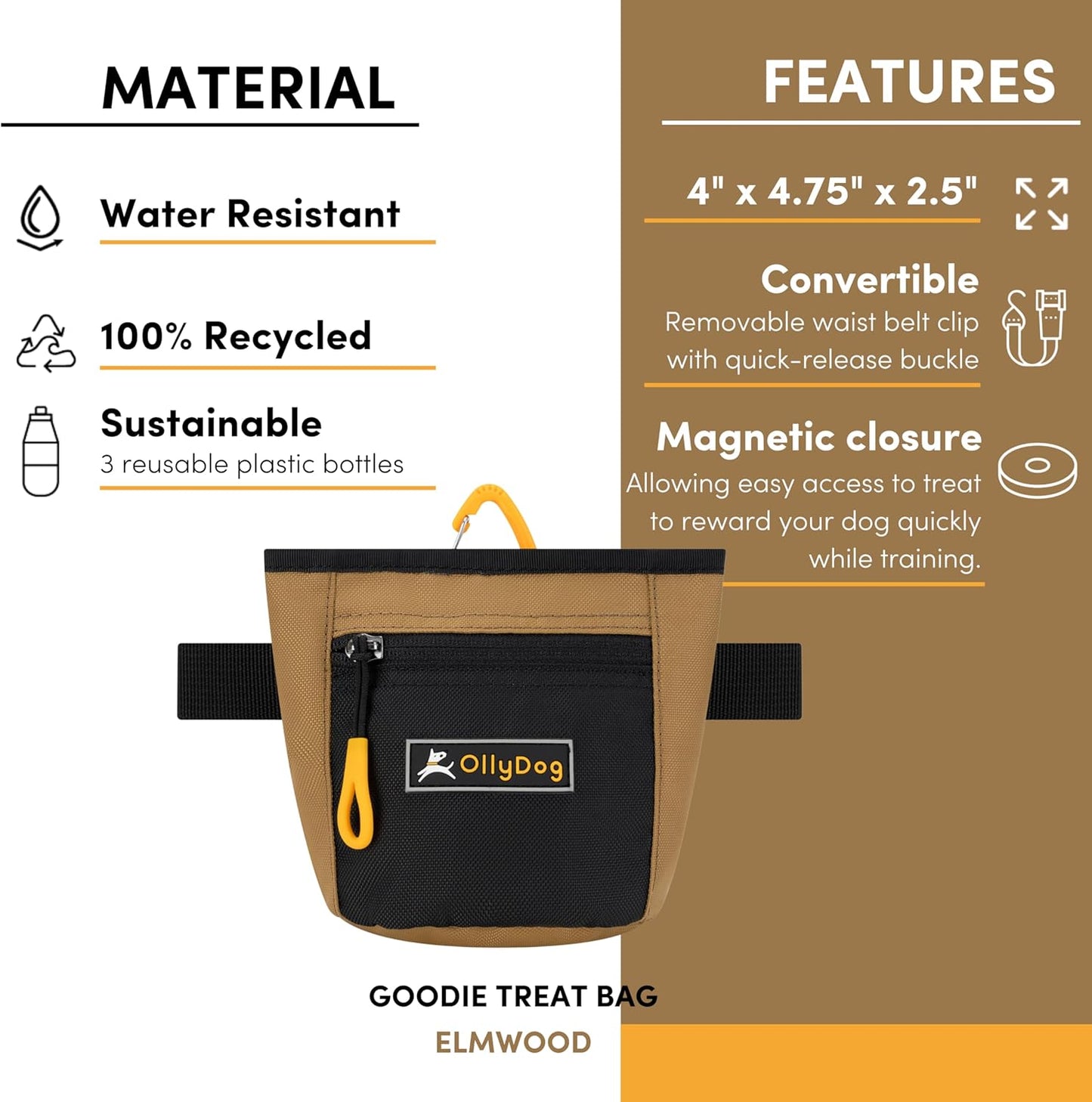 OllyDog Goodie Treat Bag, Dog Treat Pouch, Waist Belt Clip for Hands-Free Training, Magnetic Closure, Dog Training and Behavior Aids, Three Ways to Wear (Raven S'25)