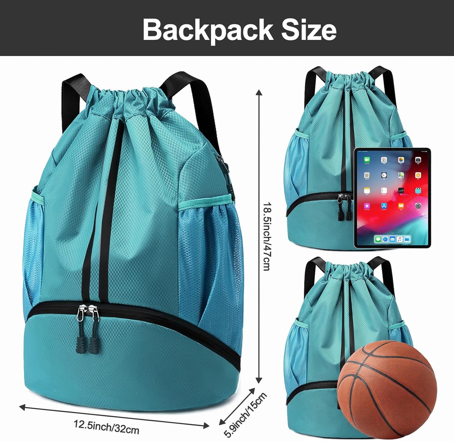 Hoedia Sports Drawstring Backpack - String Swim Gym Bag with Shoes Compartment and Wet Proof Pocket for Women/Men