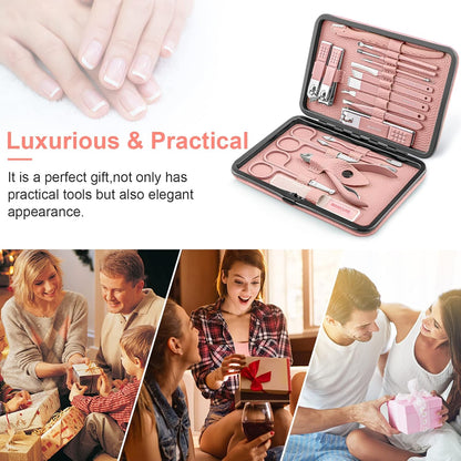 Manicure Set Professional Pedicure Kit Nail Clippers Kit - 18 Pcs Nail Care Tools - Grooming Kit with Luxurious Upgraded Travel Case (Blue)