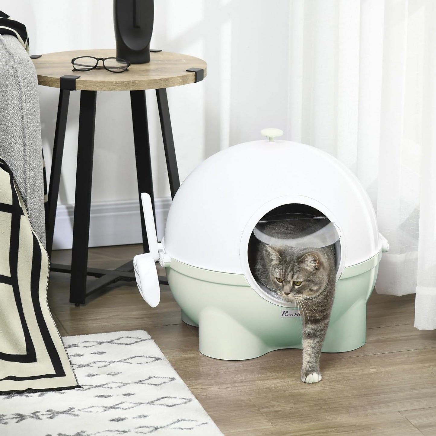 PawHut Cat Litter Box with Lid, Enclosed Kitty Litter Box with Scoop, Leaking Sand Pedal, Top Handle, Pink