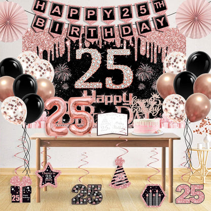 40th Birthday Decorations for Women,32pcs 40th Birthday Party Decorations,Including Backdrop, Crown,Sash,banner, Hanging Swirl,Cake Topper,balloons,Paper Fans,Anniversary Card and paper fans