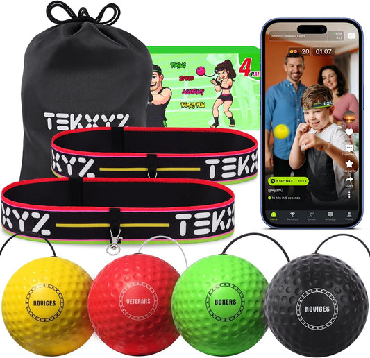 Reflex Ball Family Pack with Counter App | Online Community for Boxing Ball, Ideal for Coordination, Punching, Stress Relief, Home Workouts & Fitness | Stocking Stuffer Gift for All Ages - PuriLite