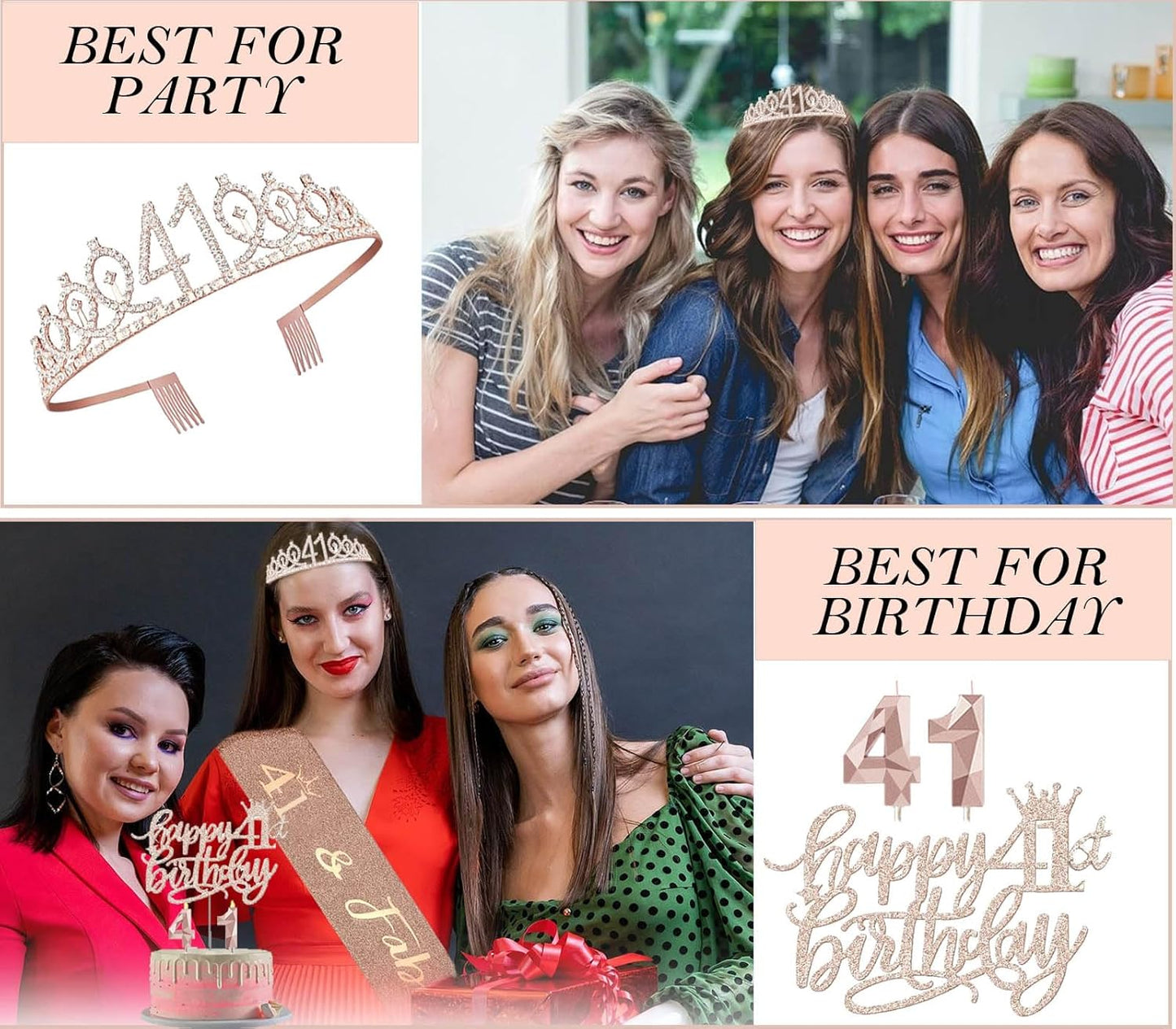 8pcs 40th Birthday Decorations gifts for Women, Including 40th Happy Birthday Cake Topper, Queen Sash with Pearl Pin, Sweet Rhinestone Tiara Crown for Women, Number Candles and Balloons (Rose Gold)