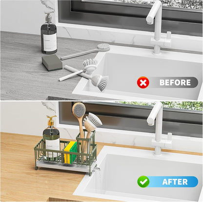 Cisily Sponge Holder for Kitchen Sink, Sink Caddy with High Brush Holder, Organzier Rustproof 304 Stainless Steel Dish Organizer Divider, Soap Dispenser Storage (Black)