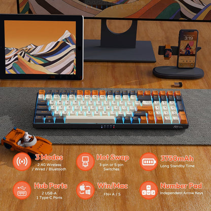 RK ROYAL KLUDGE RK100 Wireless Mechanical Keyboard, Bluetooth5.1/2.4G/Wired 96% Full Size 100-Key Hot Swappable Gaming Keyboard with 3 USB Ports, Blue Switch for Mac Windows, Carbon