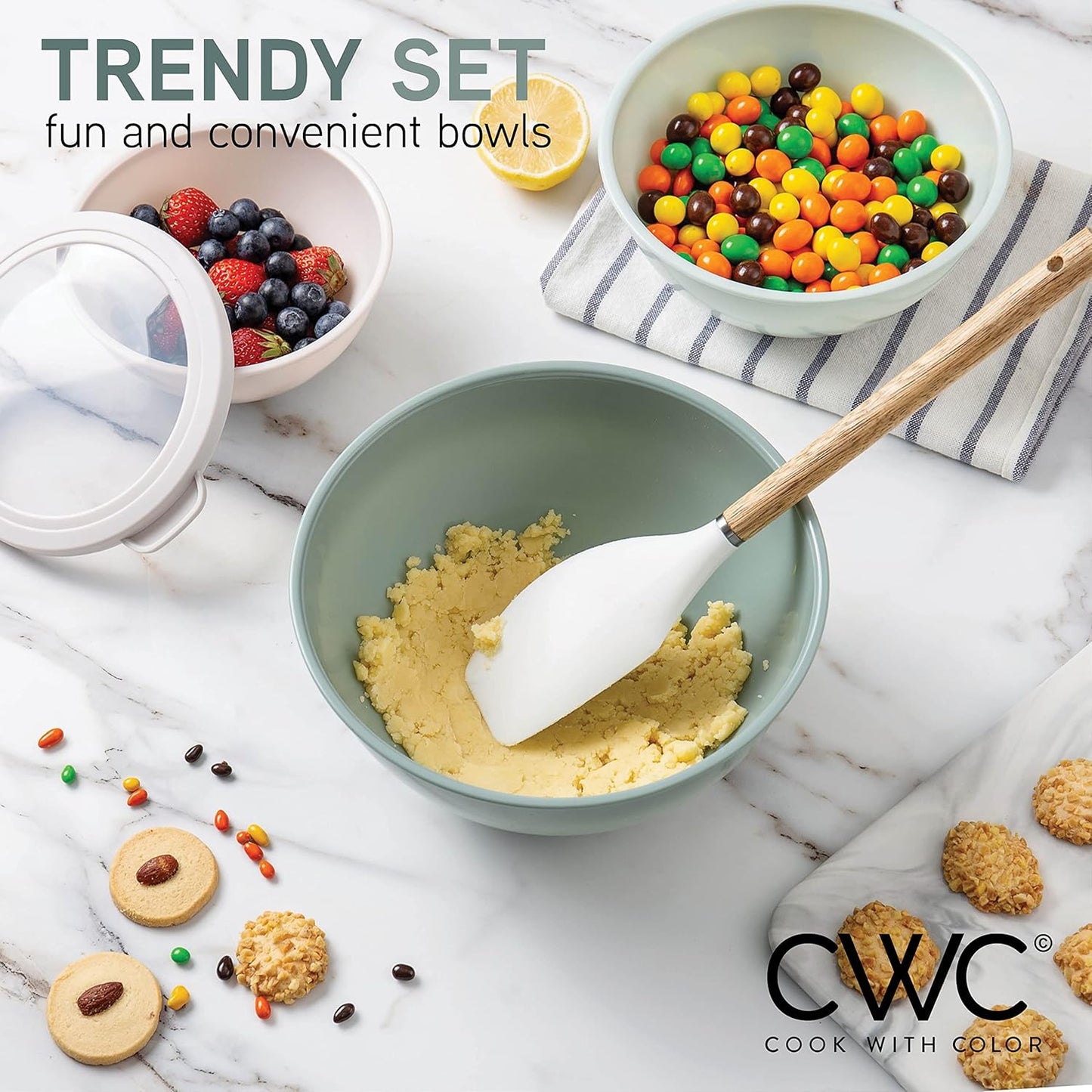 COOK WITH COLOR Mixing Bowls with TPR Lids - 12 Piece Plastic Nesting Bowls Set Includes 6 Prep Bowls and 6 Lids, Microwave Safe Mixing Bowl Set (Mint)