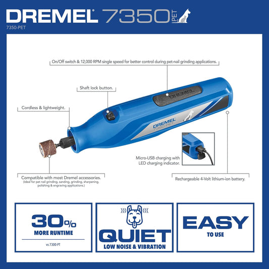 Dremel 7350-PET 4V Pet & Dog Nail Grinder, Easy-to-Use & Safe Nail Trimmer, Professional Pet Grooming Kit - Works on Large, Medium, Small Dogs & Cats - PuriLite