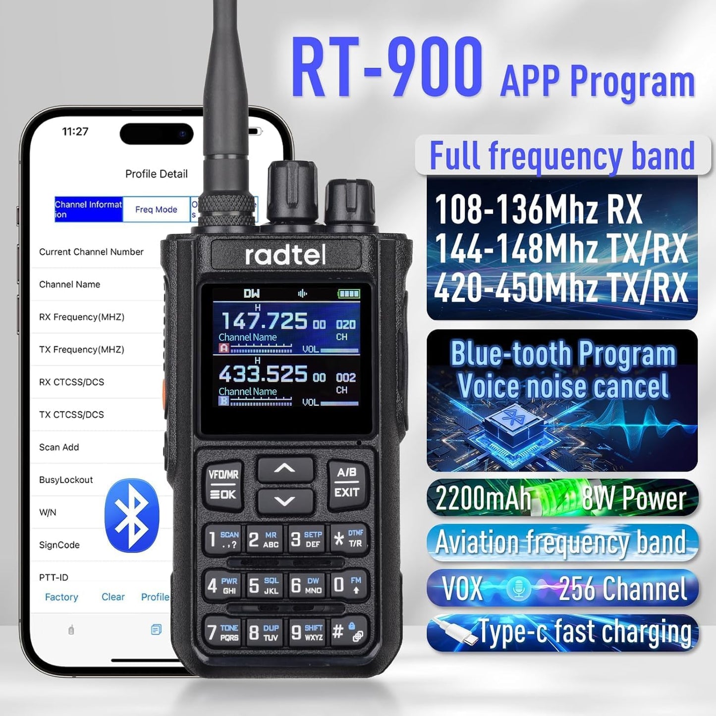 Radtel RT-900 Ham Radio Walkie Talkies 256CH Aviation Air Band Two Way Radio NOAA Police Scanner Marine Long Range Handheld Transceiver USB-C, Wireless Copy Frequency