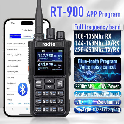 Radtel RT-900 Ham Radio Walkie Talkies 256CH Aviation Air Band Two Way Radio NOAA Police Scanner Marine Long Range Handheld Transceiver USB-C, Wireless Copy Frequency