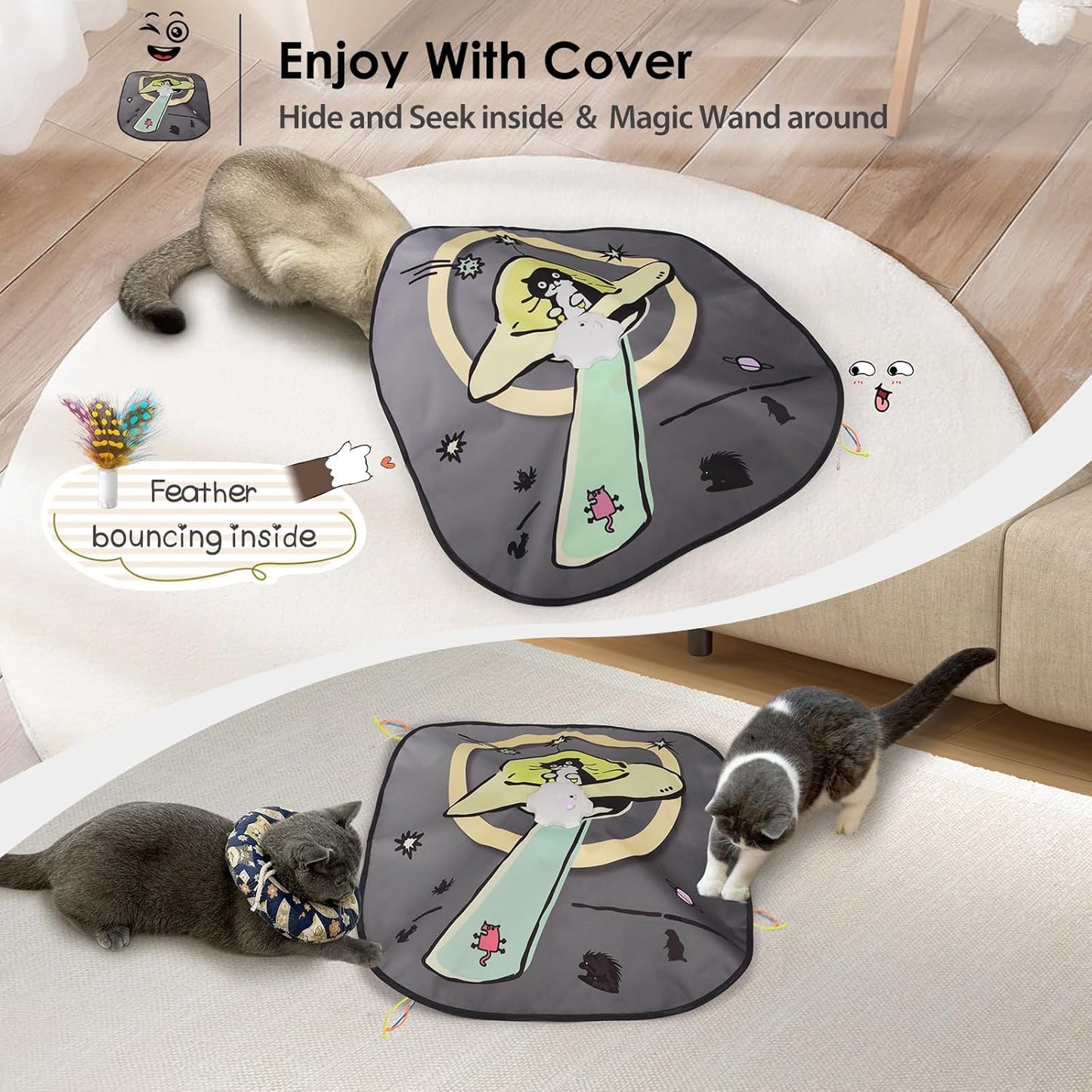 ORSDA Cat Toys Interactive, 4 in 1 Automatic Cat Toy, Hide and Seek, Whack a Mole, Magic Wand, Chasing Feather, with 4 Replacements, USB Rechargeable, for All Breed Sizes