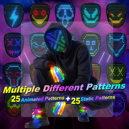 LED Mask & Glow Set with Gesture Sensing, Halloween Rechargeable Mask Light Up Gloves and Shoelaces for Adults, 59 Lighting Effects for Halloween Cosplay Parties