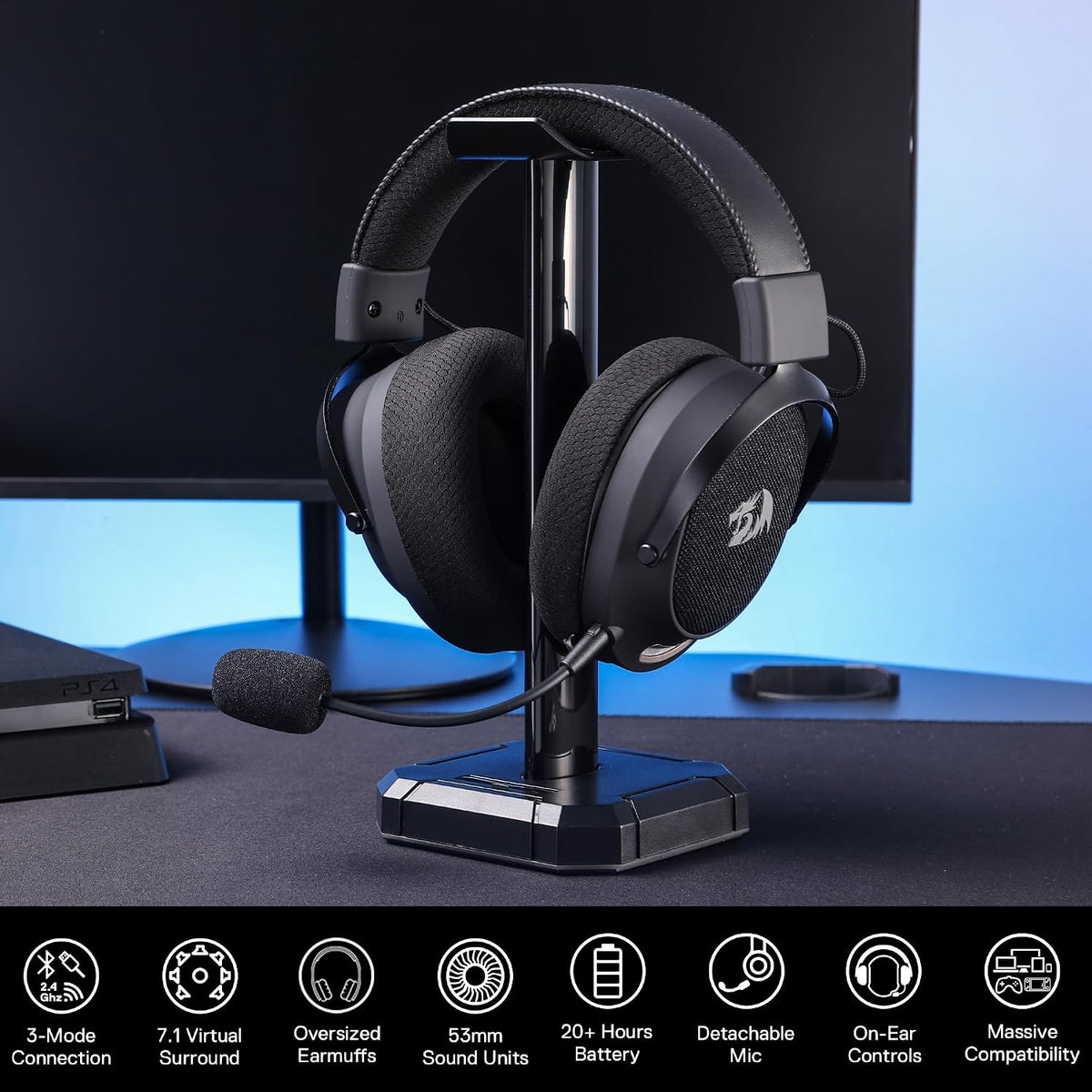 Redragon H858 3-Mode Wireless Gaming Headset, 53mm 7.1 Sound, Gray