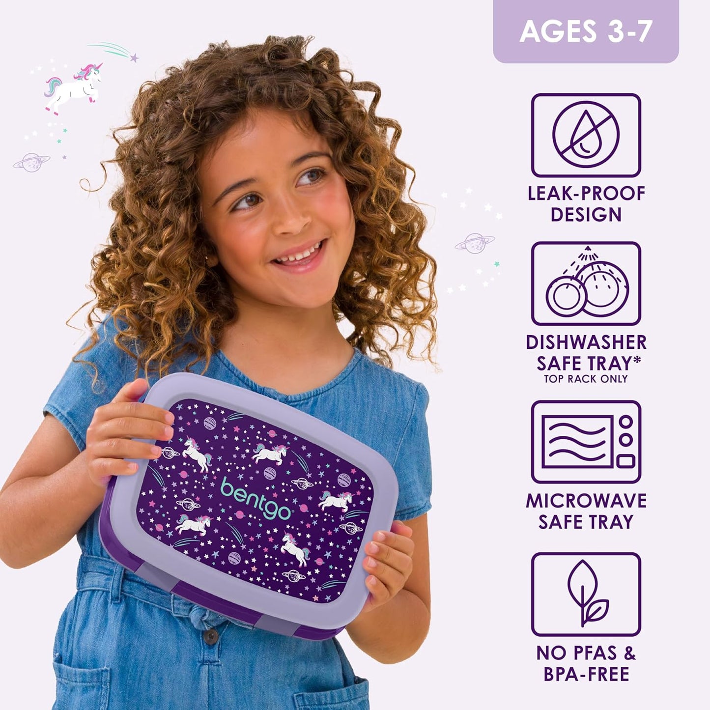 Bentgo Kids Prints (Unicorn) - Leak-Proof, 5-Compartment Bento-Style Kids Lunch Box - Ideal Portion Sizes for Ages 3 to 7 - BPA-Free and Food-Safe Materials