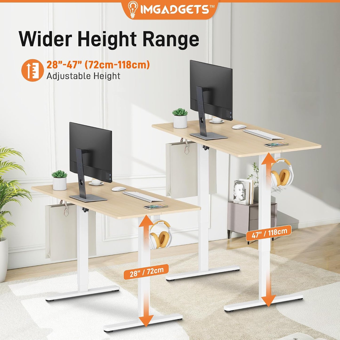 IMGadgets Electric Standing Desk, 47x24 Inches Height Adjustable, 2026 6th Gen Quiet Motor Ergonomic Sit Stand Desk, Computer Desk for Home Office, Height Memory Buttons, Display, 2 Headphone Holders
