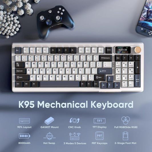 RedThunder K95 Wireless Mechanical Keyboard,TFT Screen & Knob, Tri-Mode BT5.0/2.4GHz/USB-C Hot Swappable Custom, Pre-lubed Linear Switches,Gasket Structure, RGB Gaming Keyboard for WIN/IOS, White-Blue - PuriLite