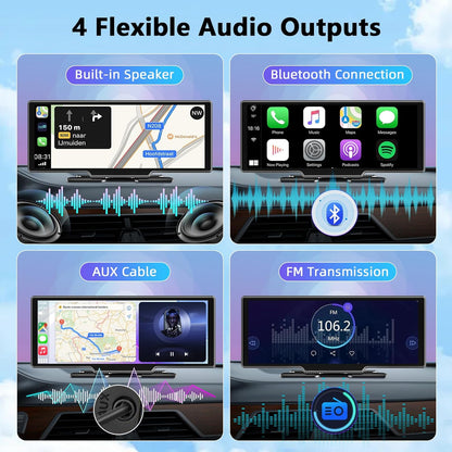 10.26 Inch Wireless Apple Carplay Screen for Car, Apple Car Play and Android Auto Screen with 4K Dash Cam Front and Rear Camera HD 1080P/FM/AUX/64G TF/Mirror Link/Voice Control/GPS Navigation