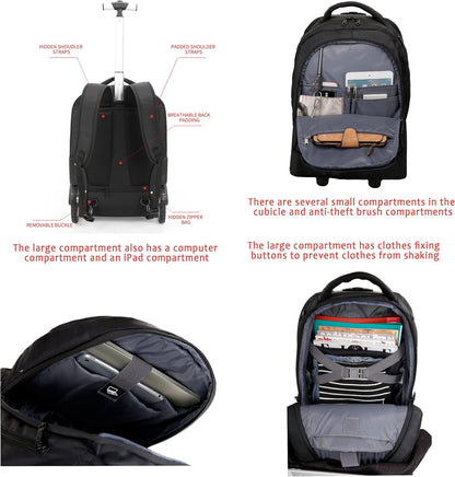 YH&GS Rolling, Waterproof Wheeled Backpack for Business, College, Travel; 52L, Fits 17 Inch Laptop; Patented 7-Inch Wide Wheel; Black