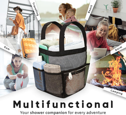 Mesh Shower Caddy Portable 10.2x9.9'' Shower Bag with Zipper & 2 Pockets. Shower Tote Ideal for Gym, Travel, Camp, Beach, for Sunscreen, Dorm & College Essentials (Black)