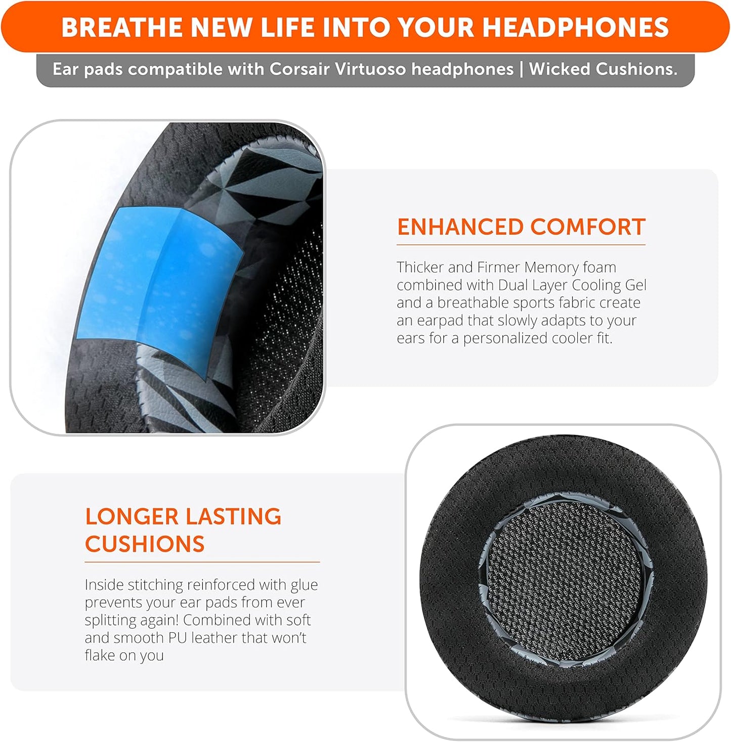 WC Freeze Virtuoso - Hybrid Fabric Cooling Gel Replacement Earpads for Corsair Virtuoso Gaming Headset, Made by Wicked Cushions, Improved Durability, Thickness and Sound Isolation |90s Black