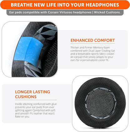 WC Freeze Virtuoso - Hybrid Fabric Cooling Gel Replacement Earpads for Corsair Virtuoso Gaming Headset, Made by Wicked Cushions, Improved Durability, Thickness and Sound Isolation |90s Black