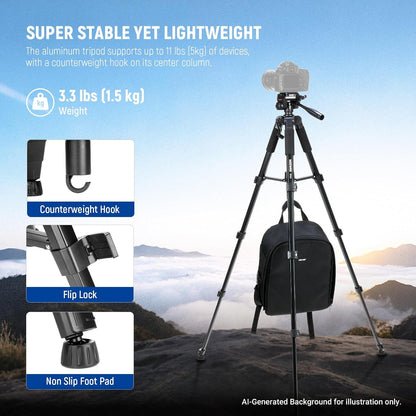 NEEWER BASICS Camera Tripod, 71'' Tripod with Cell Phone Holder Mount Compatible with iPhone for Video Recording, Professional Aluminum Lightweight Portable Travel Stand with 3 Way Pan Tilt Head, TP55