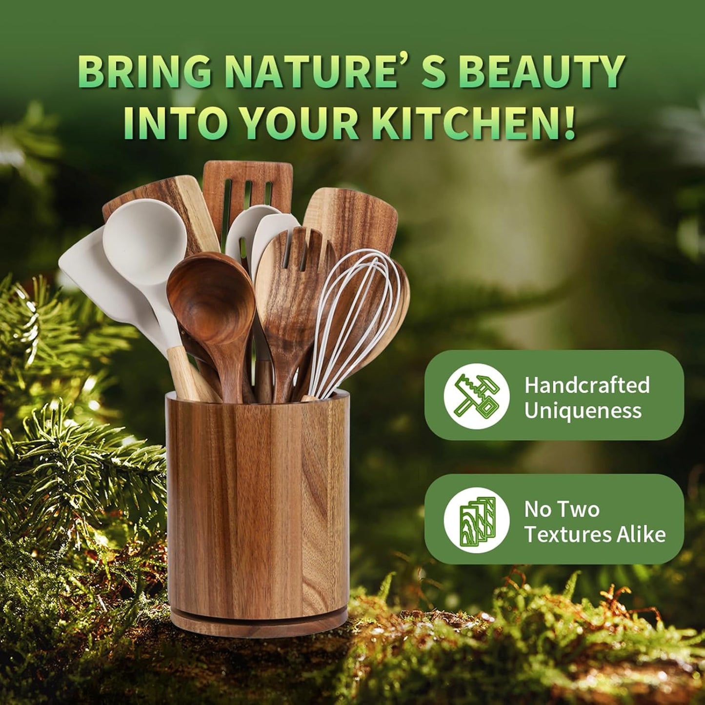 Wooden Utensil Holder | Rotating Utensil Organizer | Kitchen Counter Storage Crock | Farmhouse Countertop Decor | Cooking Utensil Stand - PuriLite
