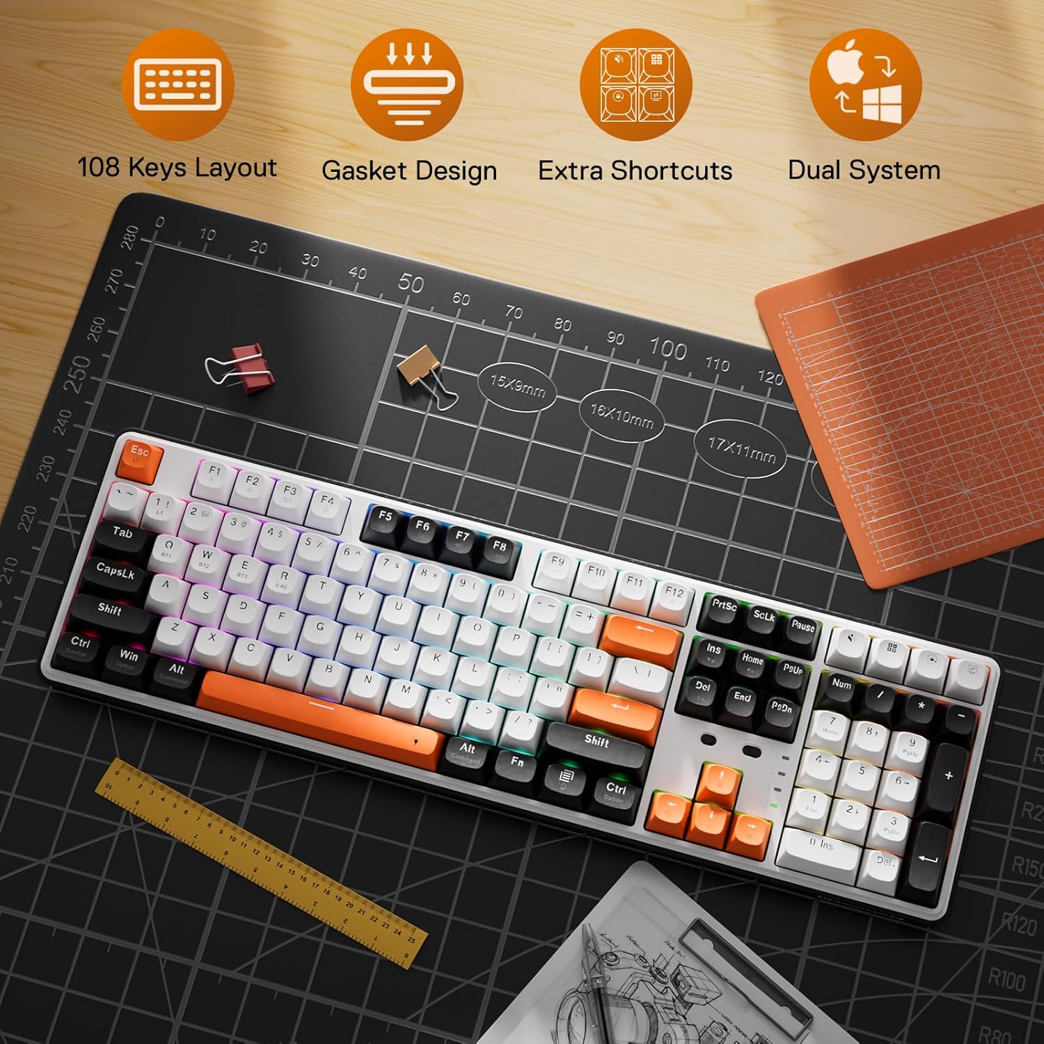 Wireless RGB Mechanical Gaming Keyboard with Gasket Mount, Hot-Swappable Custom Linear Switches, 104 Keys + 4 Hotkeys, Noise Dampened, Ergonomic Design, USB-C/Bluetooth/2.4G Wireless – Black Tangerine - PuriLite