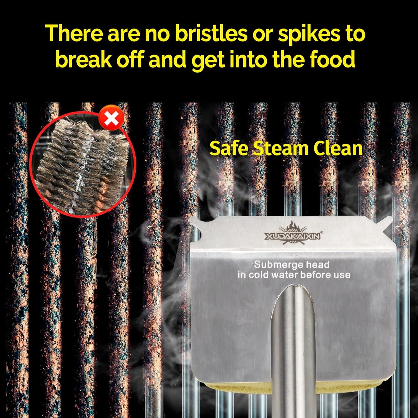 XUDAKAIXIN Grill Brush Bristle Free,BBQ Replaceable Scraper Cleaning Head,Safe Grill Accessories for Cast Iron Grates/Porcelain/Weber Gas/Charcoal Grill,Grill Brush for Outdoor Grill-Yellow