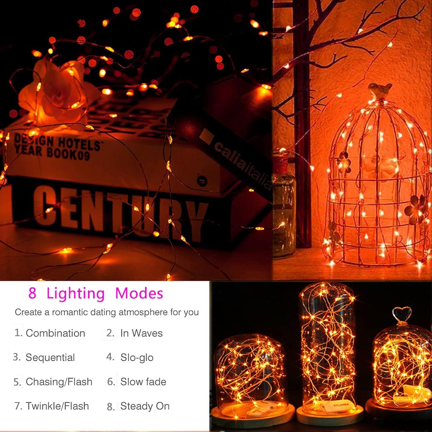 LYHOPE Orange Halloween Lights, 2 Pack 33ft 100 Led Battery Operated Halloween Lights, Waterproof 8 Modes with Remote Copper Wire String Lights for Halloween Holiday Party Carnival Decorations