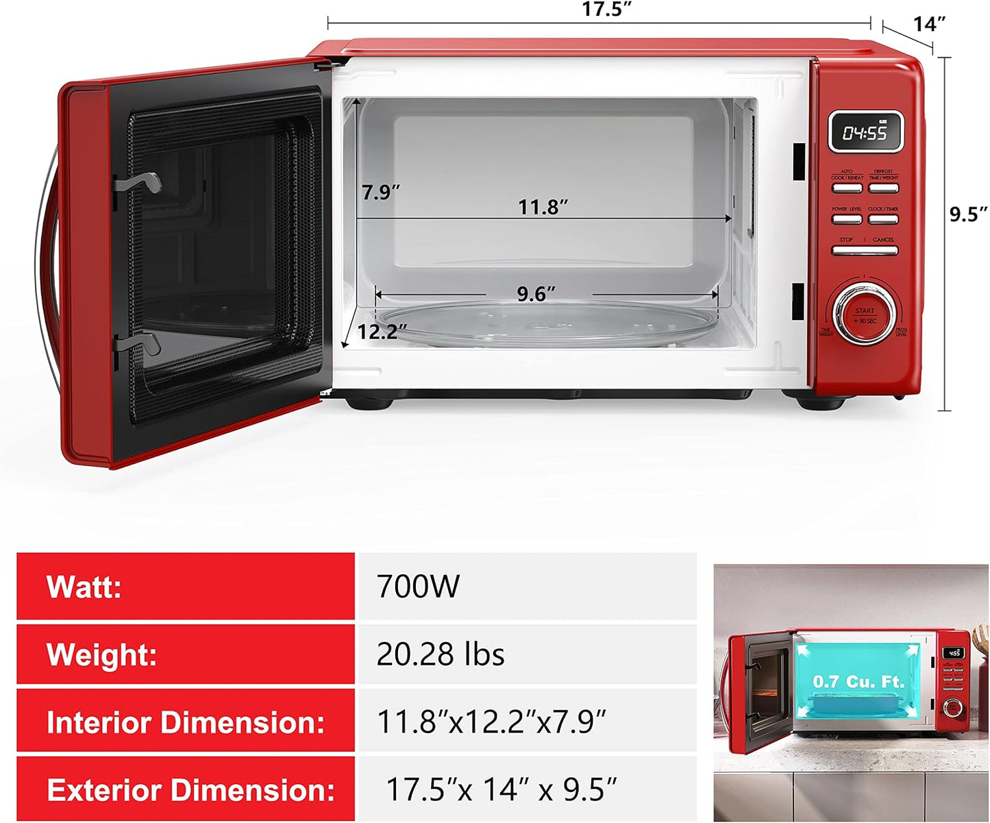 Galanz GLCMKZ07RDR07 Retro Countertop Microwave Oven with Auto Cook & Reheat, Defrost, Quick Start Functions, Easy Clean with Glass Turntable, Pull Handle,0.7 cu ft, Red