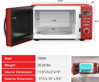 Galanz GLCMKZ07RDR07 Retro Countertop Microwave Oven with Auto Cook & Reheat, Defrost, Quick Start Functions, Easy Clean with Glass Turntable, Pull Handle,0.7 cu ft, Red