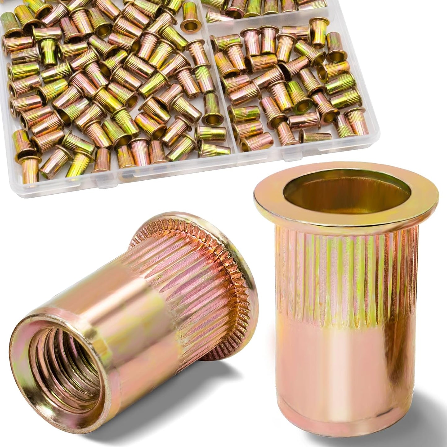 Vifmy Metric & SAE Rivet Nut Assortment Kit(420 Pcs),m3 m4 m5 m6 m8 m10 m12#6-32#8-32#10-24 1/4"-20 5/16"-18 3/8"-16 UNC Flat Head Rivnut Set,Zinc Plated Finish Carbon Steel Nutsert