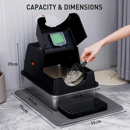 Citylife Stainless Steel Litter Box with Lid Flip-Top Removable High Enclosed Cat Litter Box with Litter Mat Step&Litter Scoop Metal Litter Pan Easy Cleaning Odor-Resistant Large Space for Cats Black