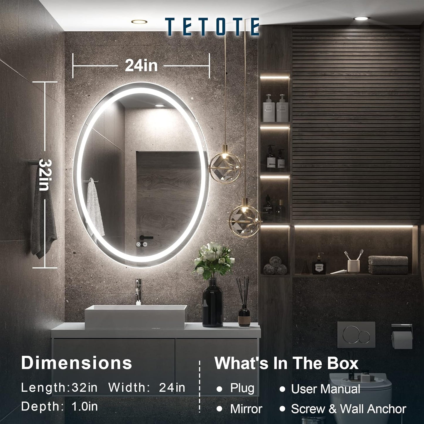 TETOTE 28 Inch Round LED Bathroom Vanity Mirror, Anti-Fog Dimmable Lights IP54 Waterproof Circle Makeup Wall Mounted Mirror