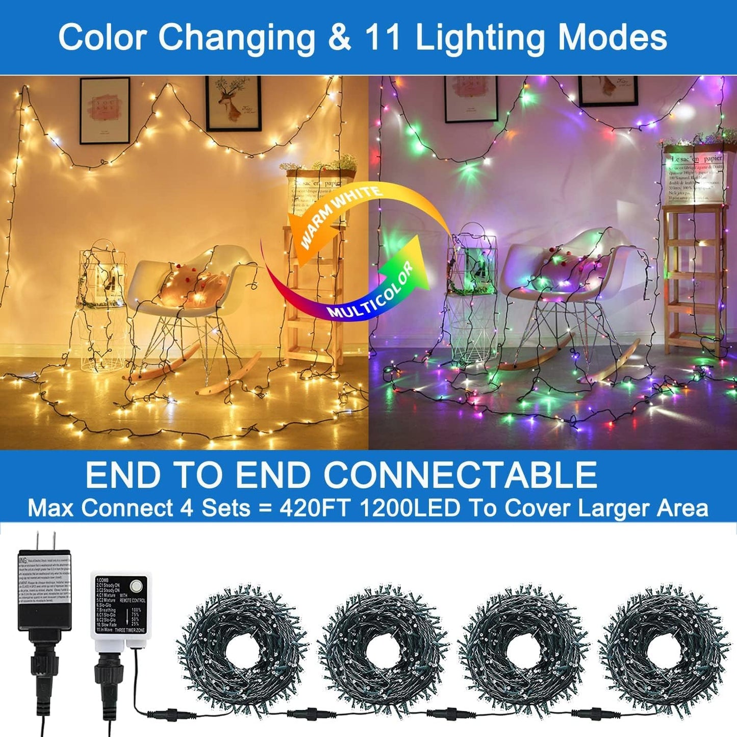 Tcamp 105FT 300 LED Purple Orange Halloween Decorations Lights Motion Activated Sync with 4 Scary Music, 6 Modes Halloween String Lights for Party Yard Outdoor Indoor Decor (3 Sets Connectable)