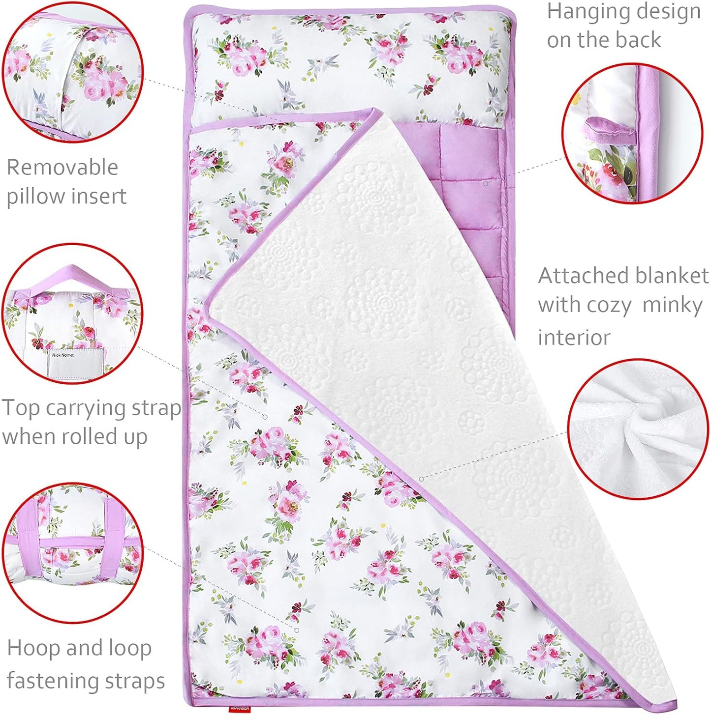 Toddler Nap Mat with Pillow and Fleece Minky Blanket, Kids Sleeping Bag Lightweight and Soft Perfect for Kids Preschool, Daycare, Travel Sleeping Bag Boys and Girls, Fit Standard Cot