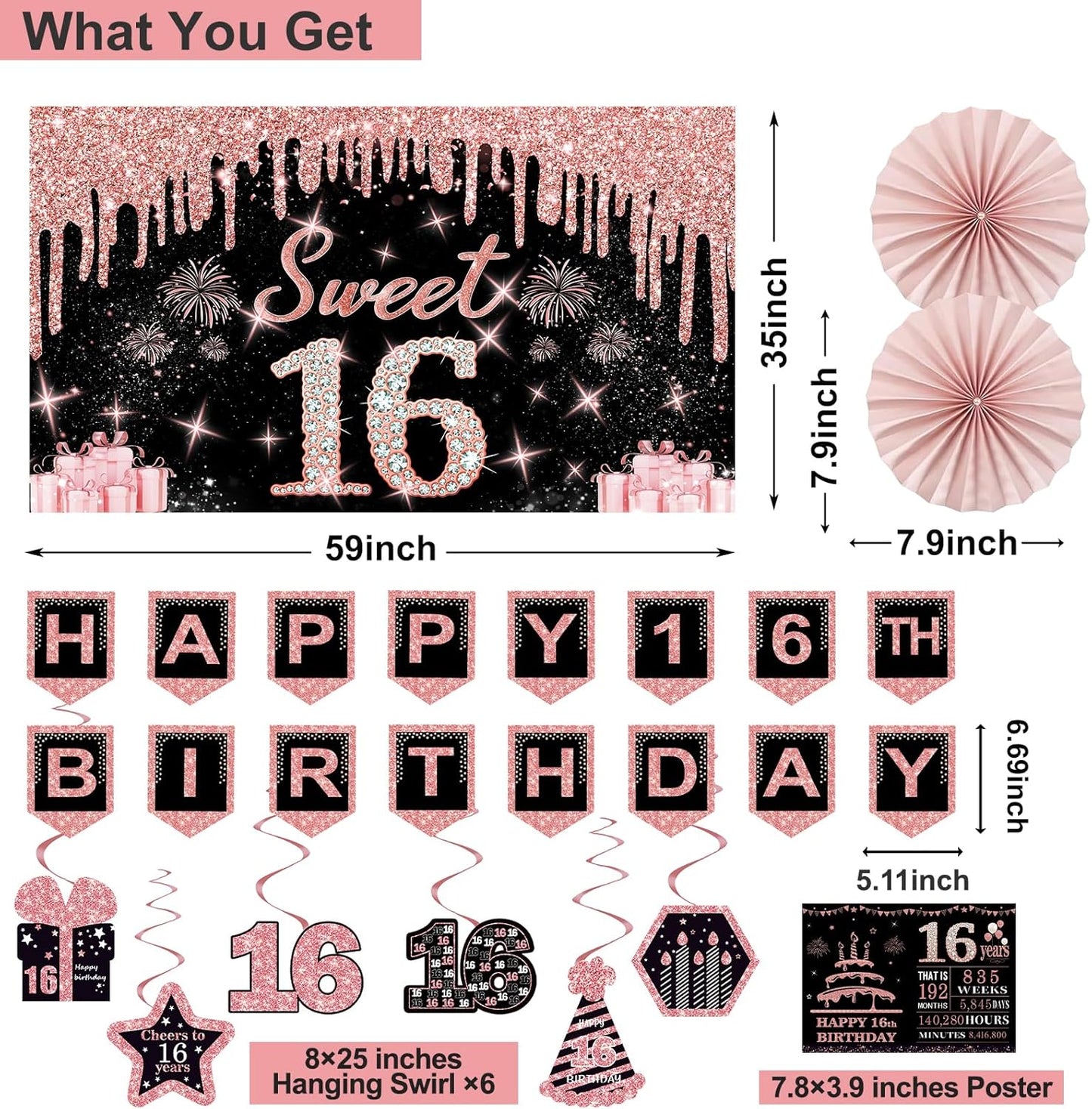40th Birthday Decorations for Women,32pcs 40th Birthday Party Decorations,Including Backdrop, Crown,Sash,banner, Hanging Swirl,Cake Topper,balloons,Paper Fans,Anniversary Card and paper fans