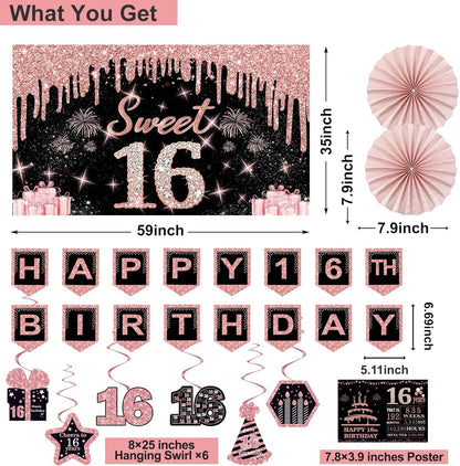 40th Birthday Decorations for Women,32pcs 40th Birthday Party Decorations,Including Backdrop, Crown,Sash,banner, Hanging Swirl,Cake Topper,balloons,Paper Fans,Anniversary Card and paper fans