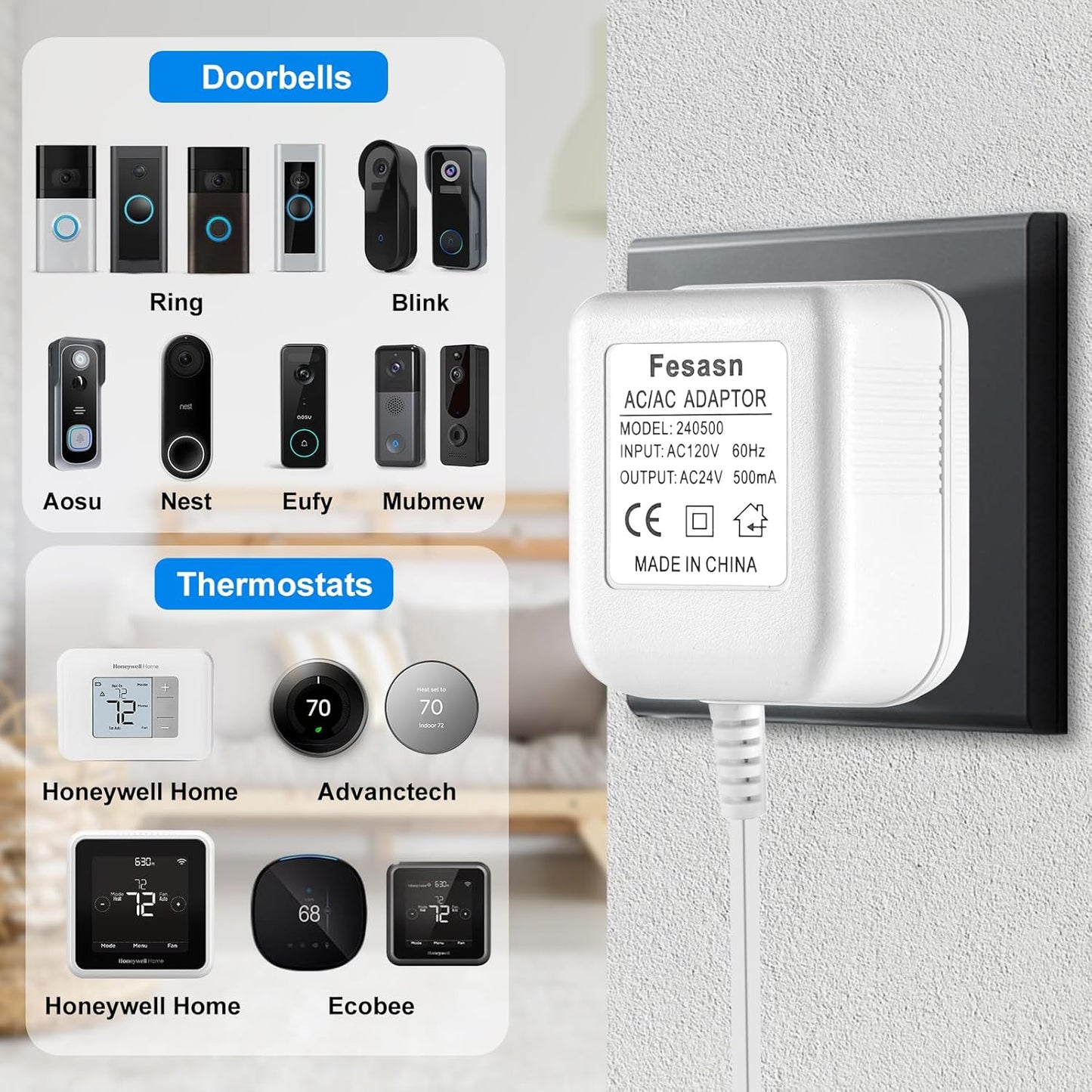 Fesasn 24V C Wire Doorbell Adapter Compatible with Nest Honeywell Ecobee Sensi Thermostat and Wyze Ring Video Doorbell (26.2 FT Long Cable with White)