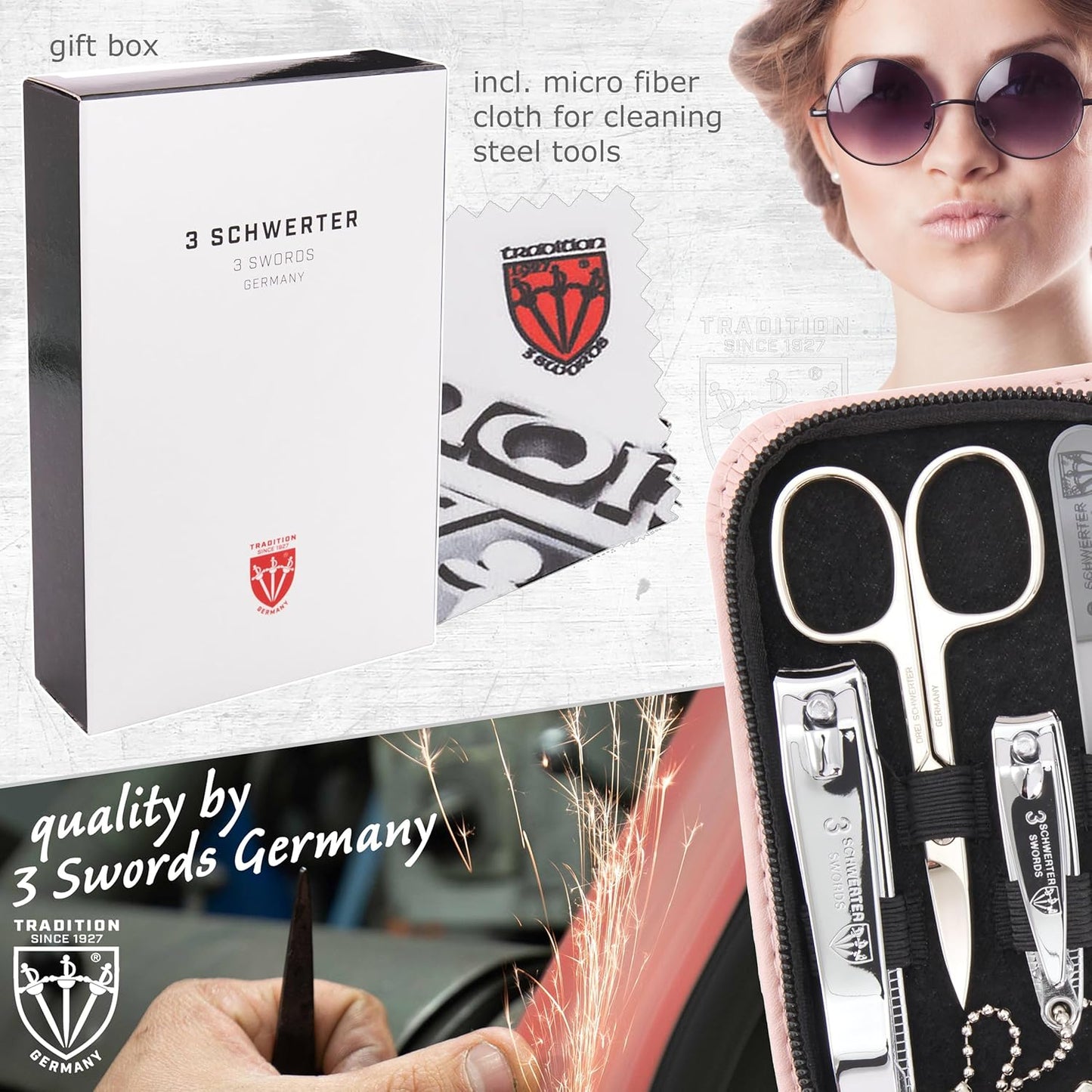 3 Swords Germany - brand quality 8 piece manicure pedicure grooming kit set for professional finger & toe nail care scissors clipper fashion leather case camou in gift box, Made in Germany