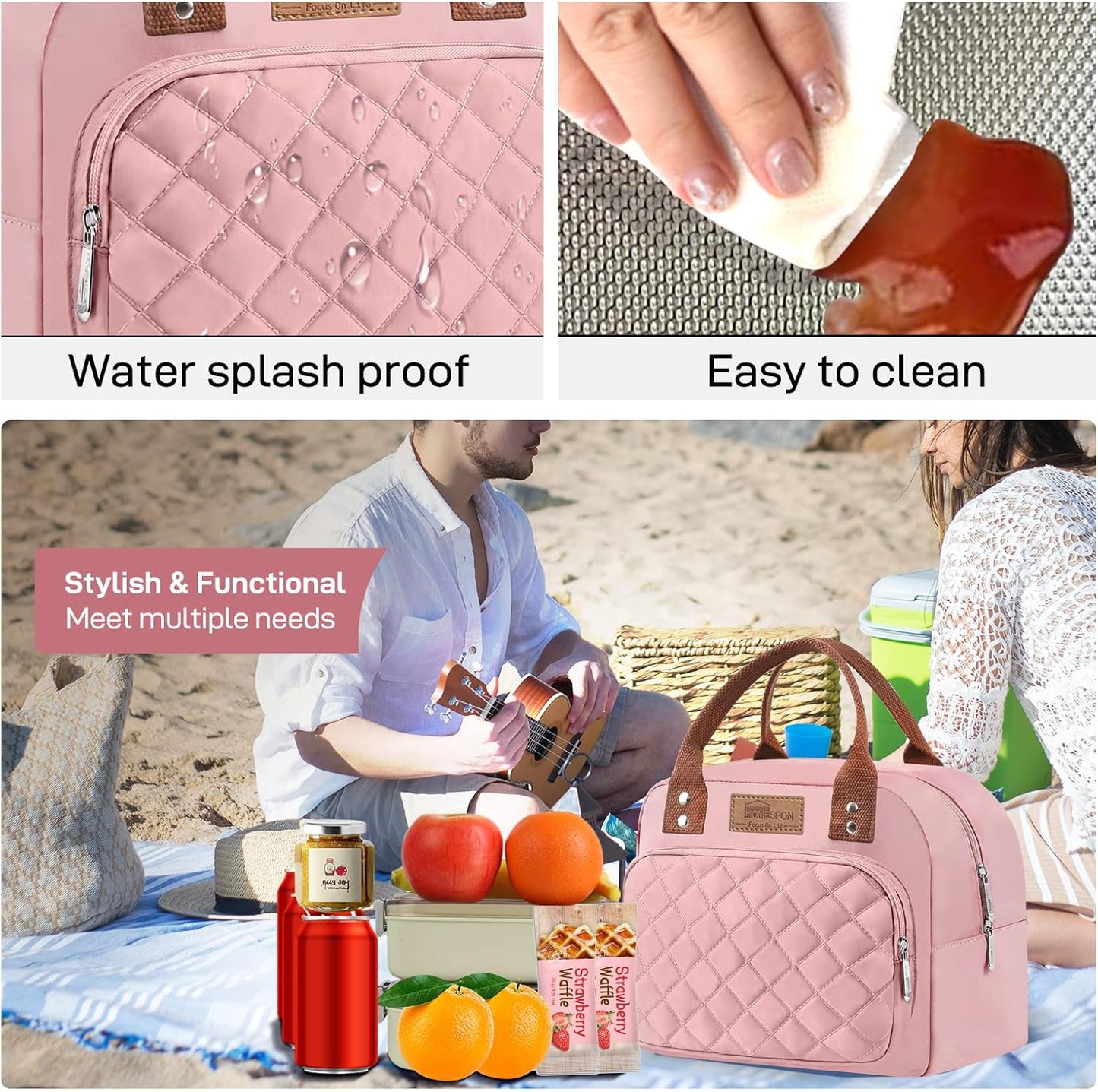 HOMESPON Lunch Bag for Woman Man Adults with Front Pocket Insulated Lunch Tote Lunch Box Container for Work Picnic or Travel(Black)