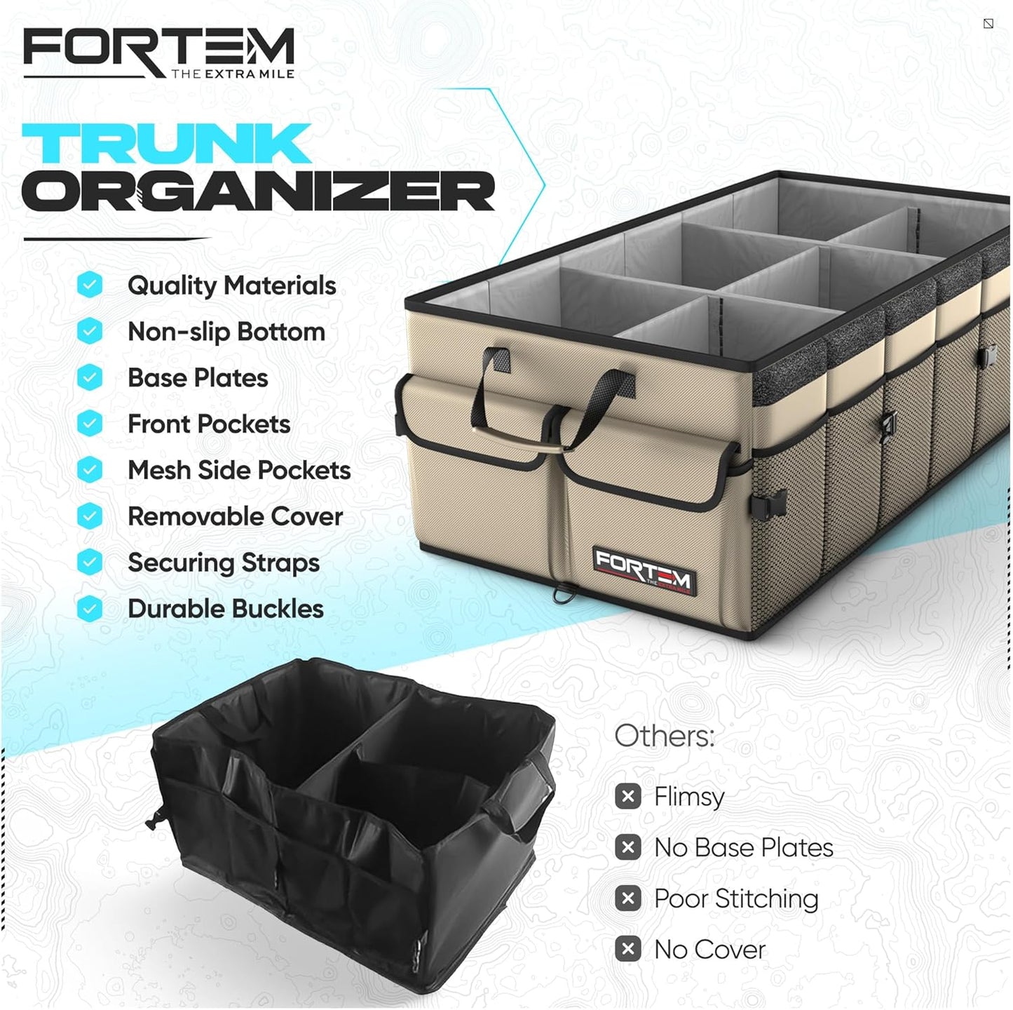 FORTEM Car Trunk Organizer, Collapsible Multi Compartment Car Organizer, Foldable SUV Storage for Car Accessories for Women Men, Non Slip Bottom, Securing Straps, Soft Cover 50L (Black, Standard)