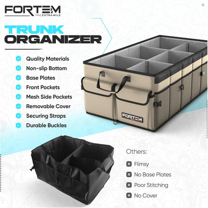 FORTEM Car Trunk Organizer, Collapsible Multi Compartment Car Organizer, Foldable SUV Storage for Car Accessories for Women Men, Non Slip Bottom, Securing Straps, Soft Cover 50L (Black, Standard)