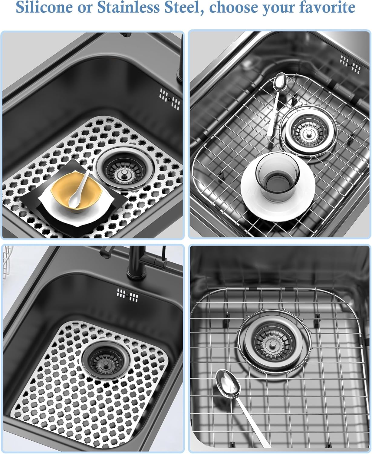 BEHOK 2 Pack Silicone Sink Protector for Kitchen Sink Bathroom Sink 13.58"x 11.6" Sink Mat, Non-Slip and Durable Silicone Sink Grid, Rear Drain (Gray)