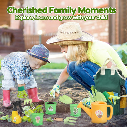 CUTE STONE Pink Kids Gardening Tool Set, Garden Toys W/ Shovel, Rake, Trowel, Apron W/Pockets, Garden Tote Bag, Watering Can, DIY Stickers, Outdoor Backyard Digging Gift Toys for Boys Girls